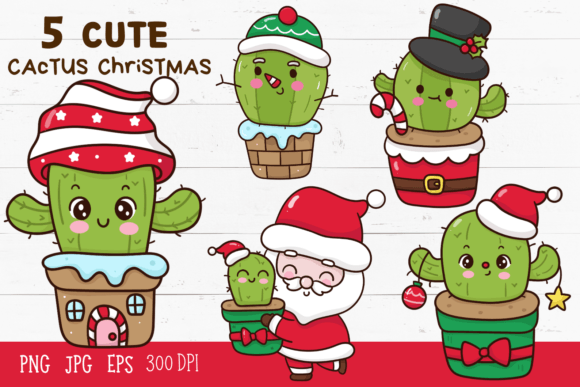Cactus Christmas Cartoon Kawaii Clipart for Crafts & Content